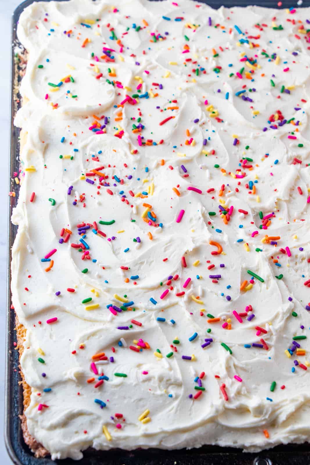 Finish frosted cake in pan topped with rainbow sprinkles 