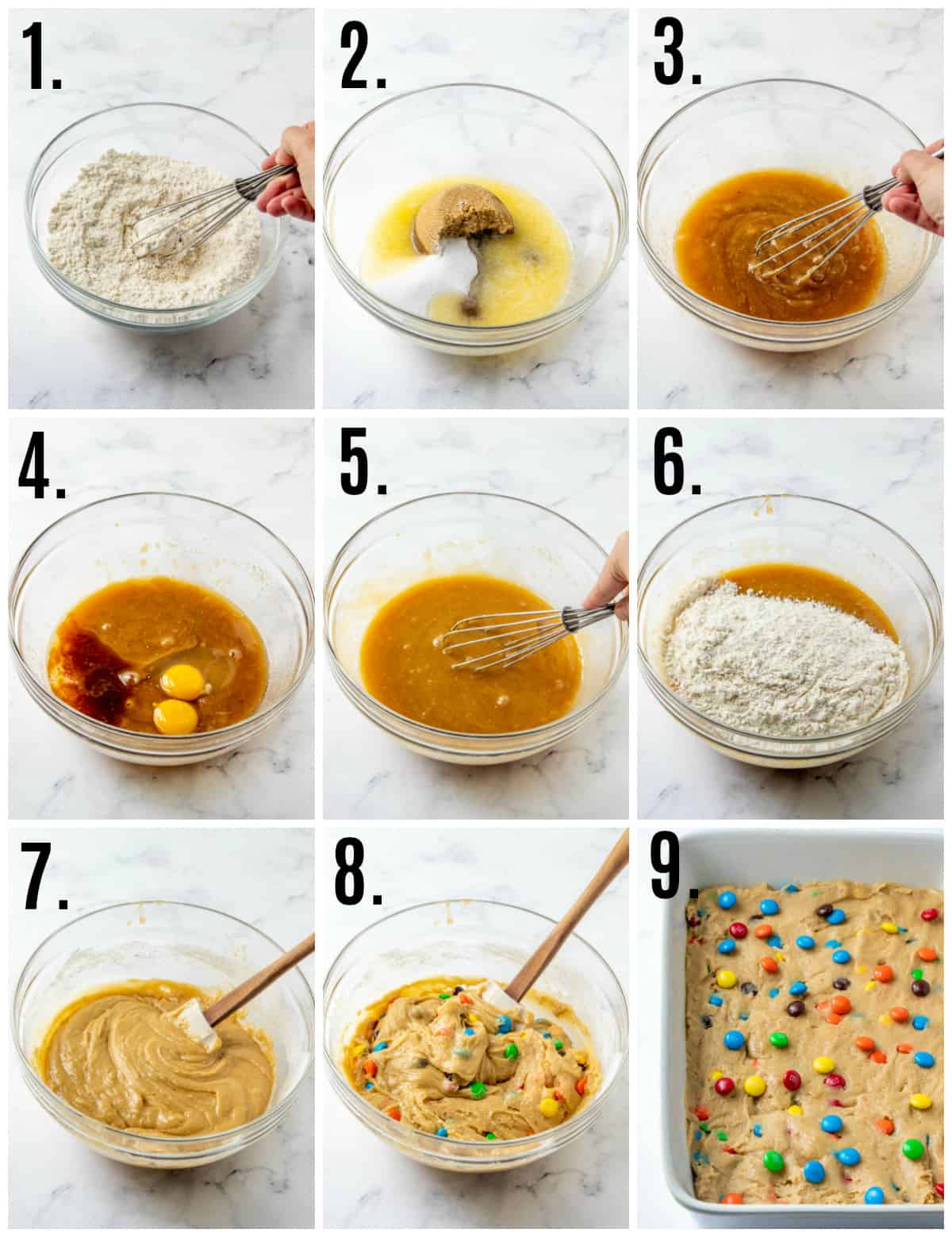Step by step photos on how to make M&M Blondies