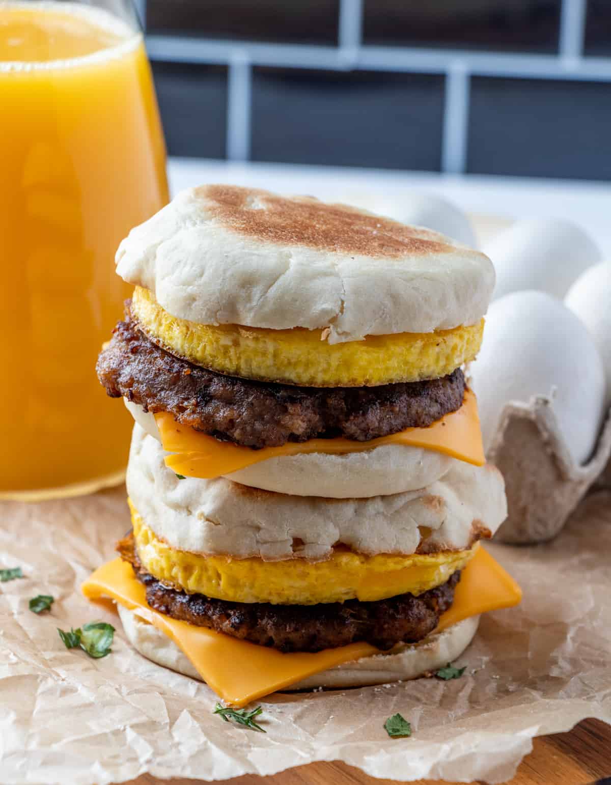 Two Egg McMuffns stacked on top of one another