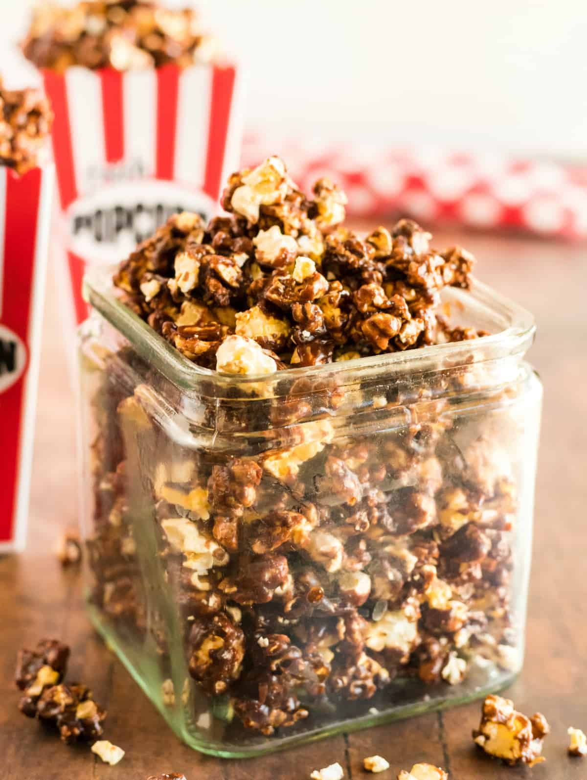Close up of Chocolate Popcorn in container