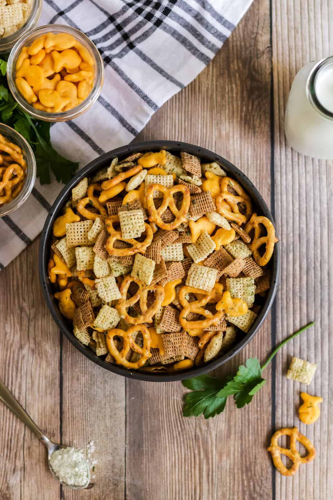 Overhead of Chex Mix in black bowl