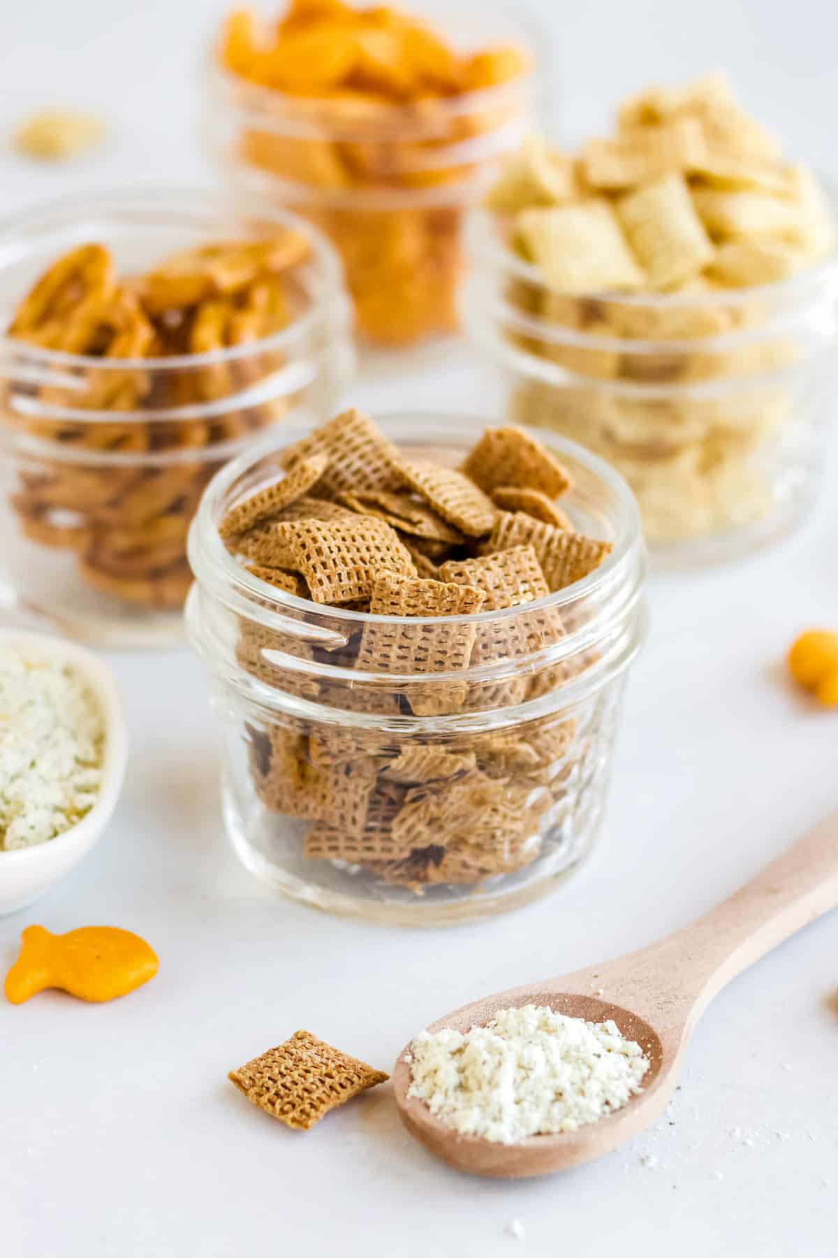 Ingredients needed to make Air Fryer Ranch Chex Mix.
