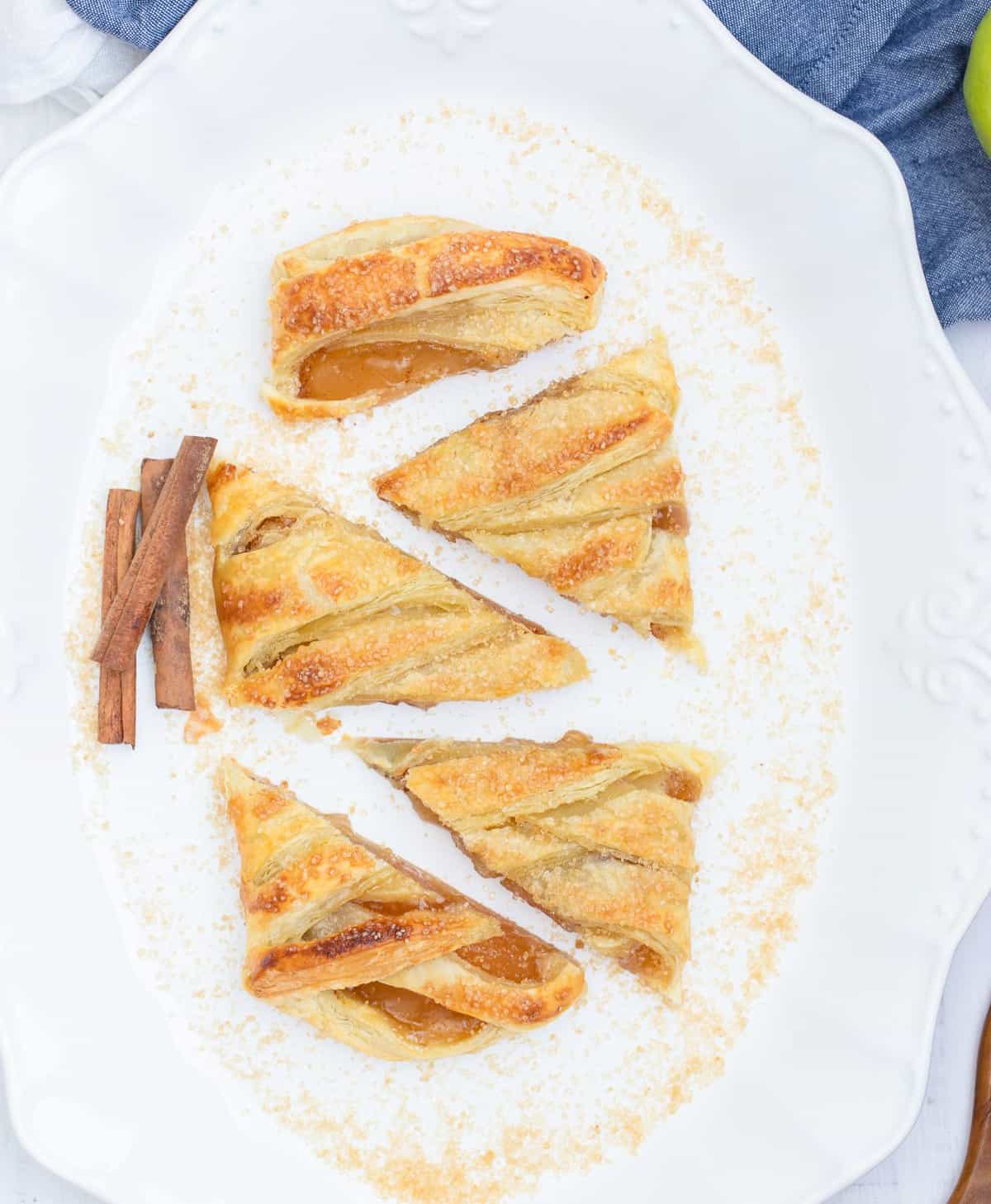 Overhead of sliced Apple Puff Pastry on platter
