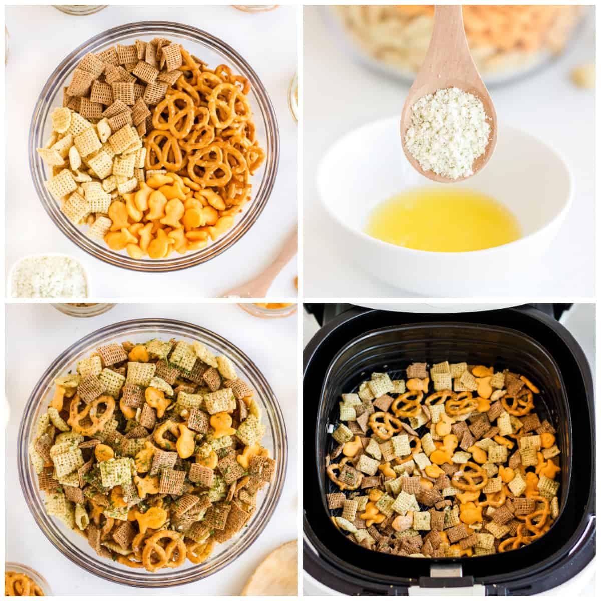 Step by step photos on how to make Ranch Chex Mix.