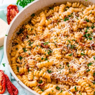 Sun-Dried Tomato Pasta finished in white skillet