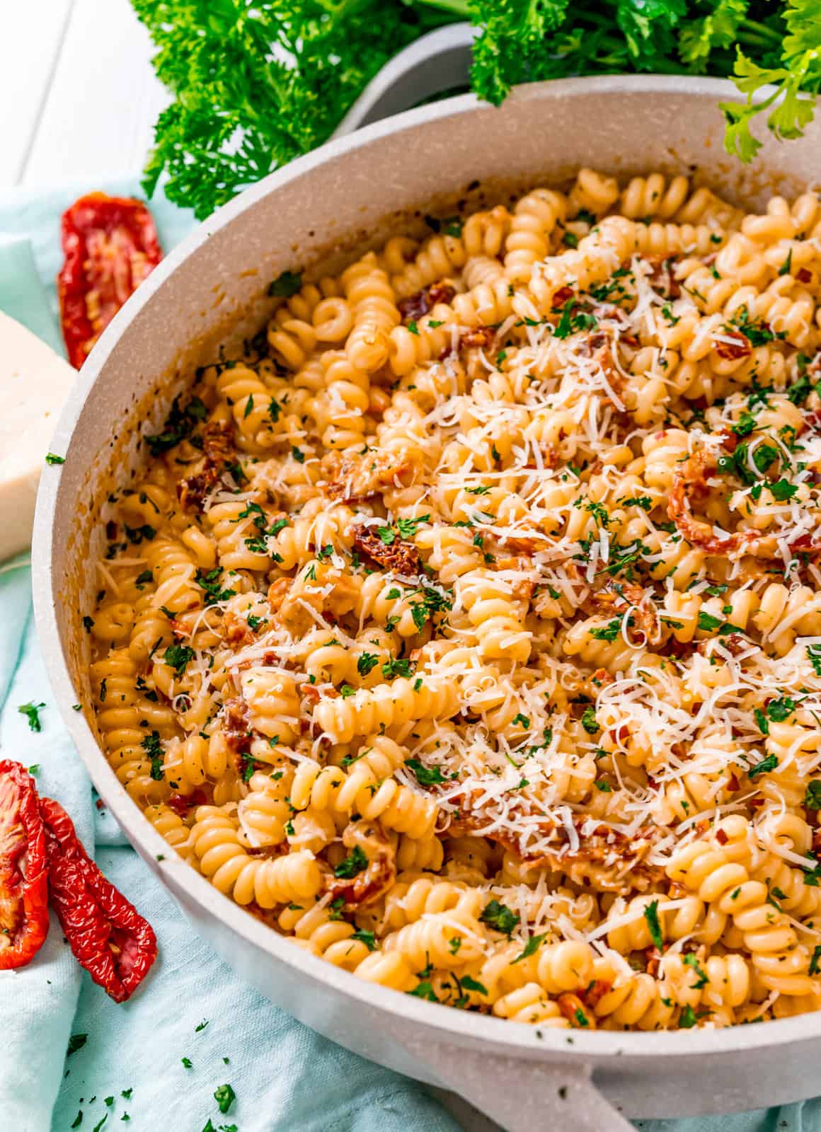 Sun-Dried Tomato Pasta finished in white skillet