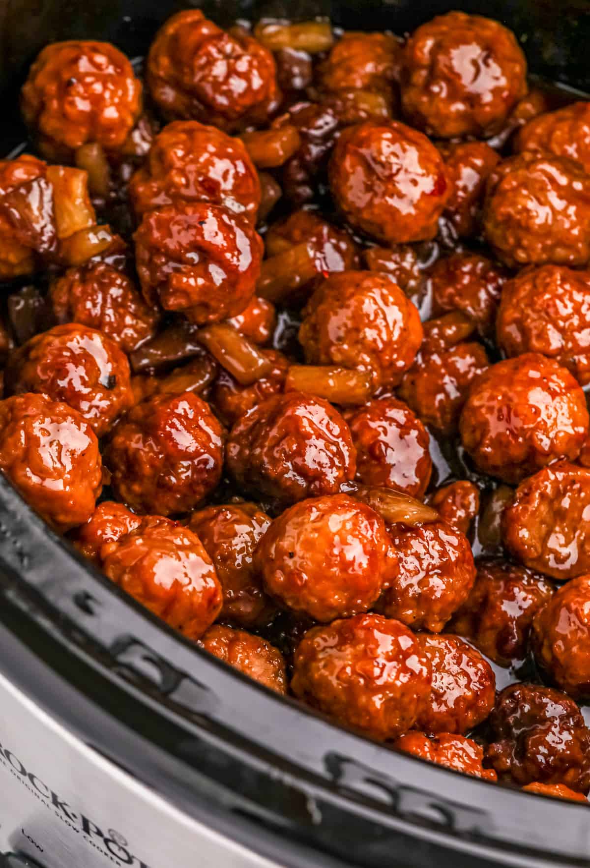 Overhead of finished Slow Cooker Meatballs in crockpot.