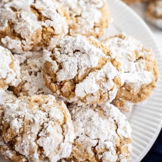Overhead photo of Crinkle Cookies on white cake stand