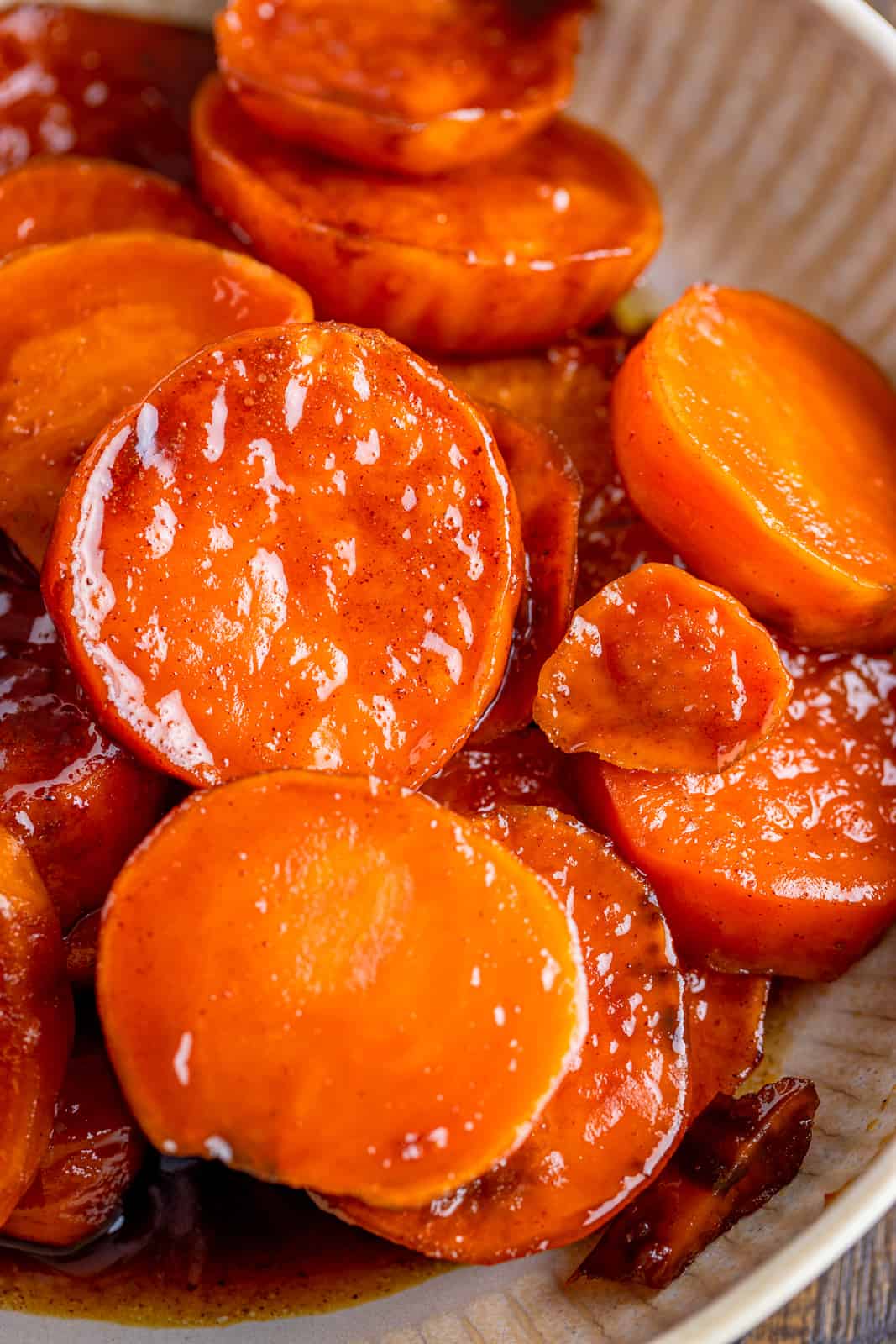 Up close of bowl of Candied Sweet Potatoes 