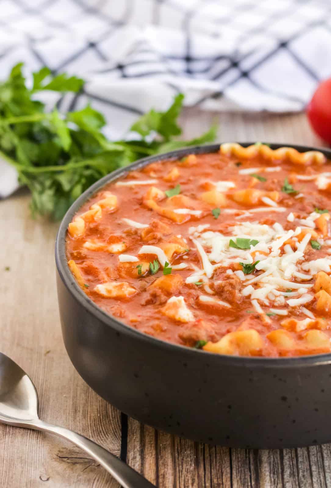 Side view of Lasagna Soup in bowl with spoon