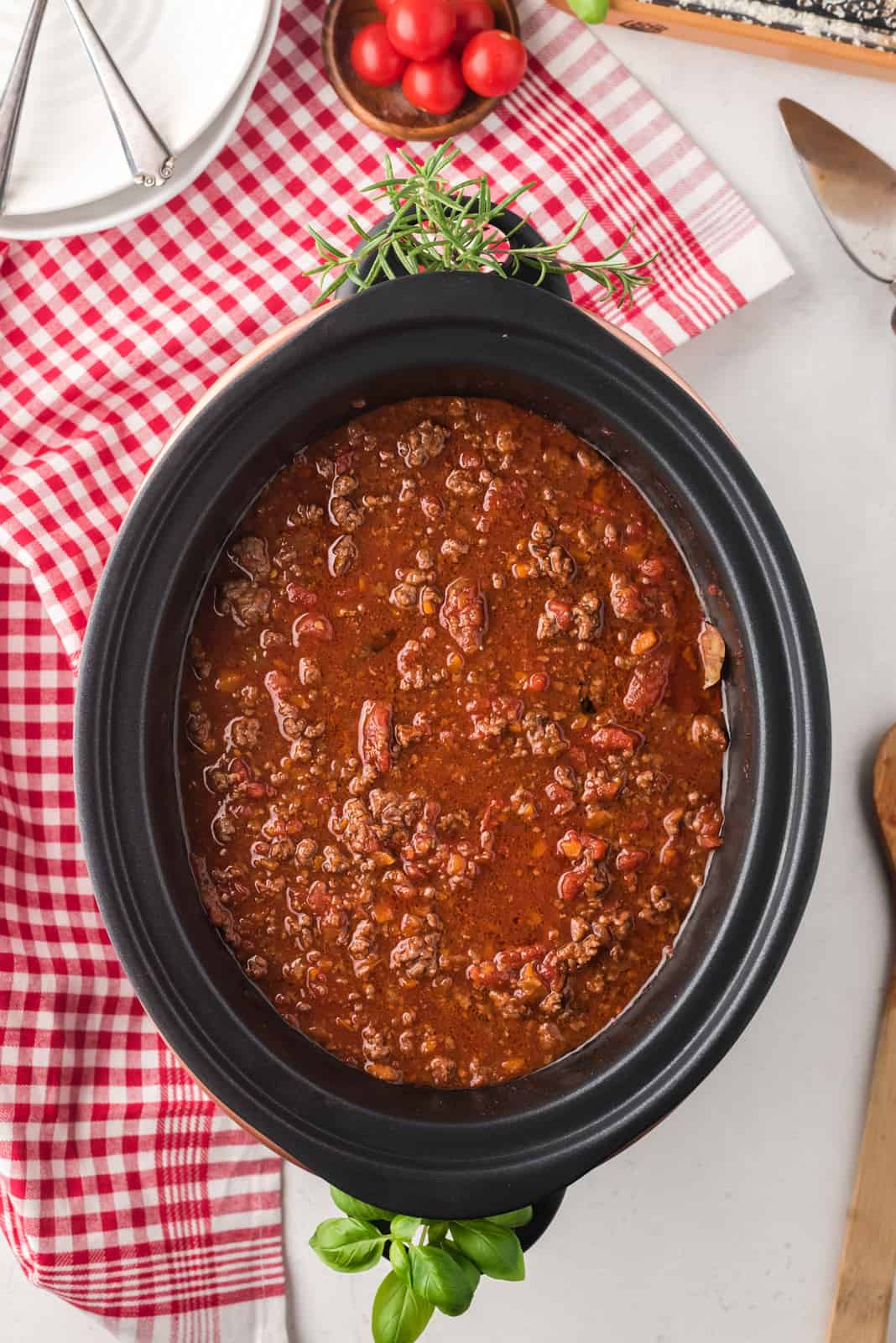 Overhead of finished Bolognese Sauce Recipe in Slow Cooker