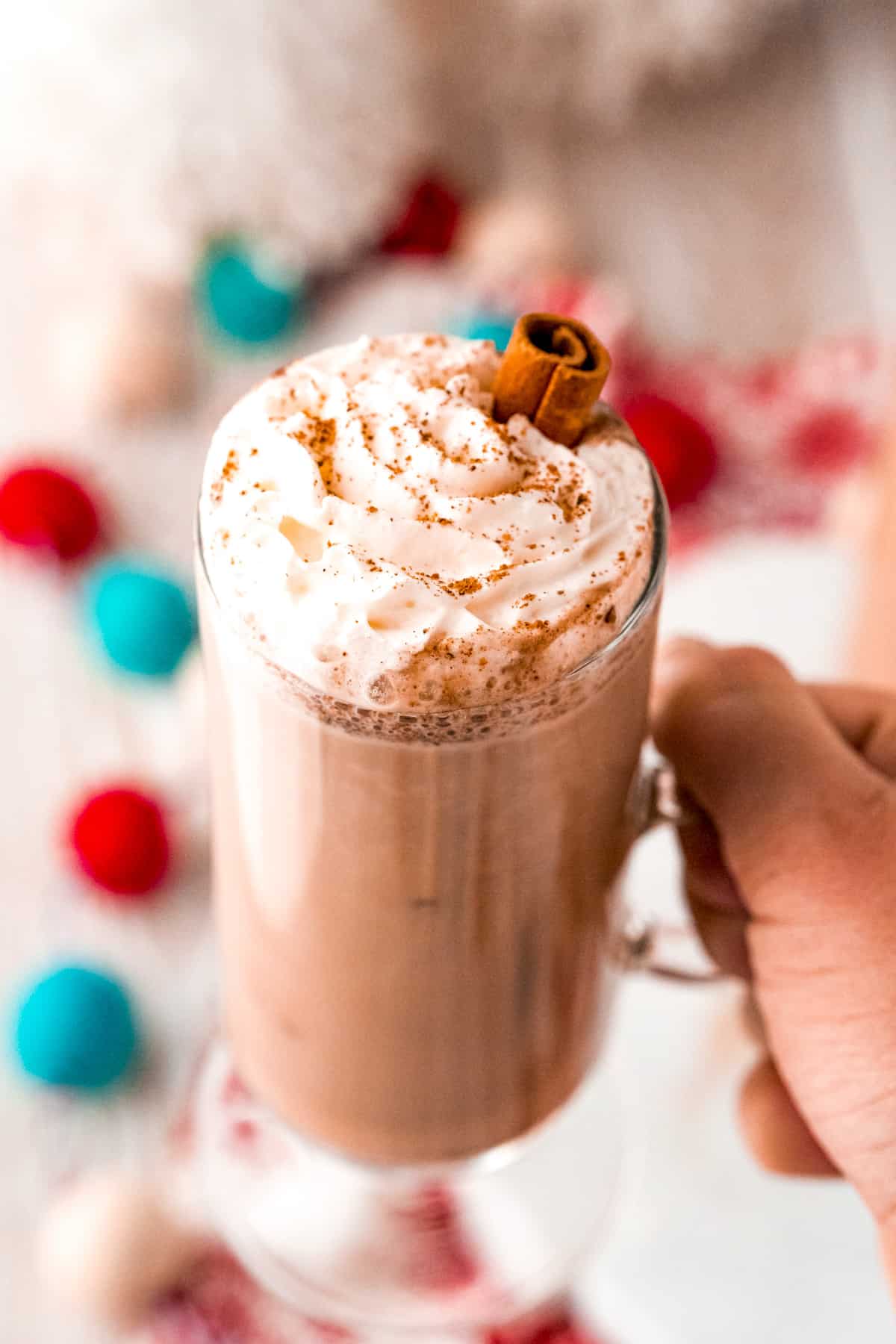 Hand holding up one Eggnog Hot Chocolate showing whipped cream, garnish and cinnamon stick.