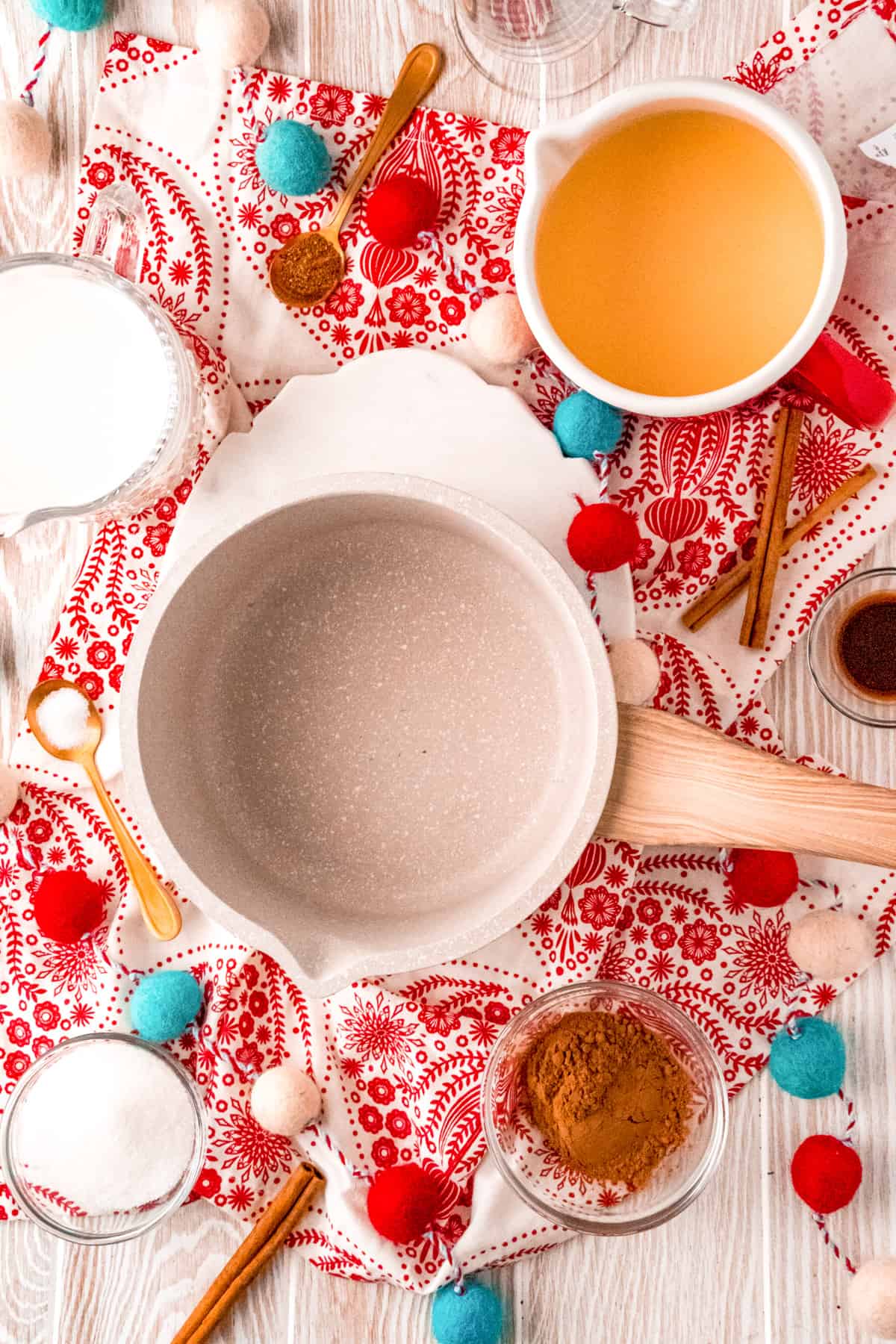Ingredients needed to make Eggnog Hot Chocolate.