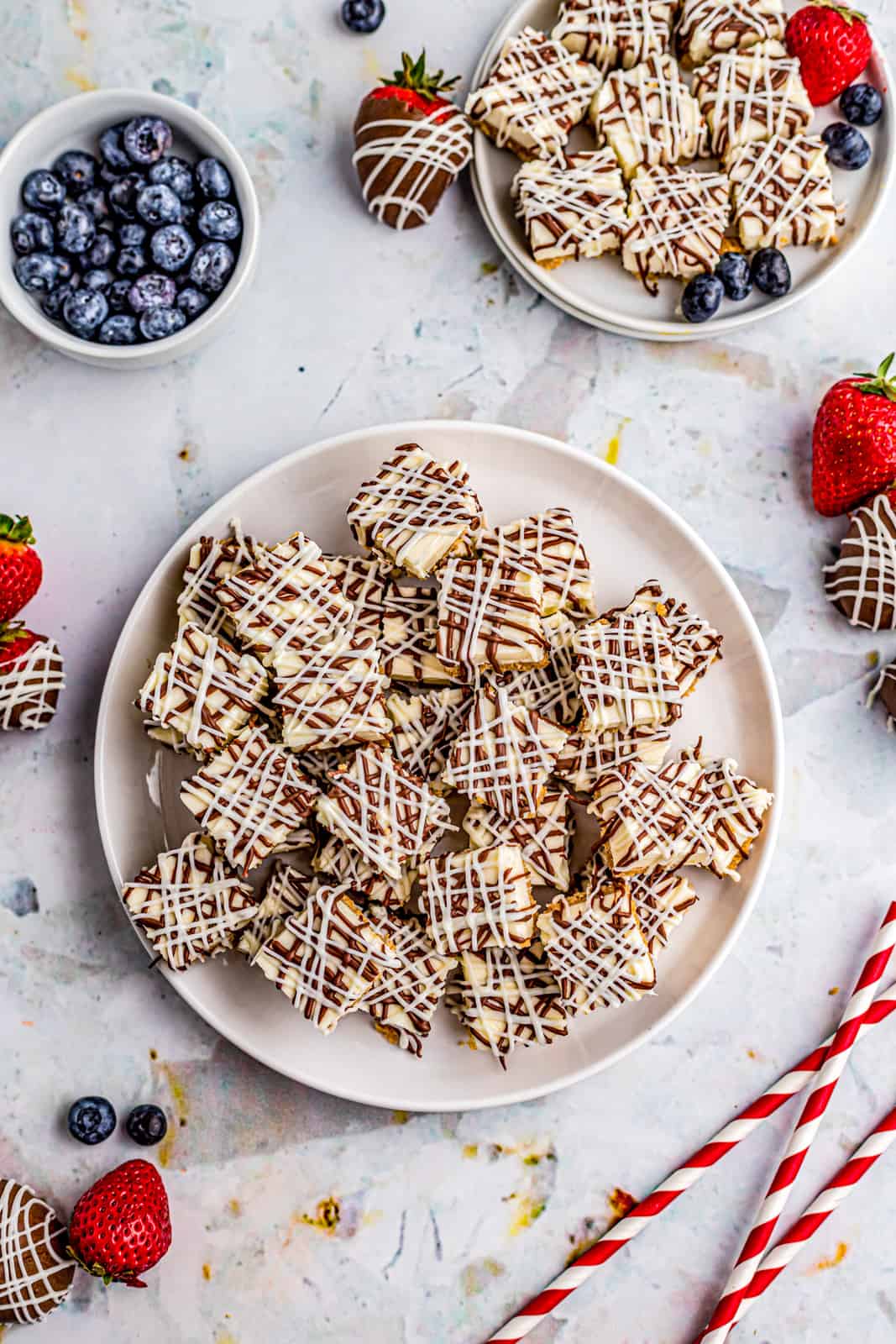 Overhead of stacked and plated No Bake Cheesecake Bites