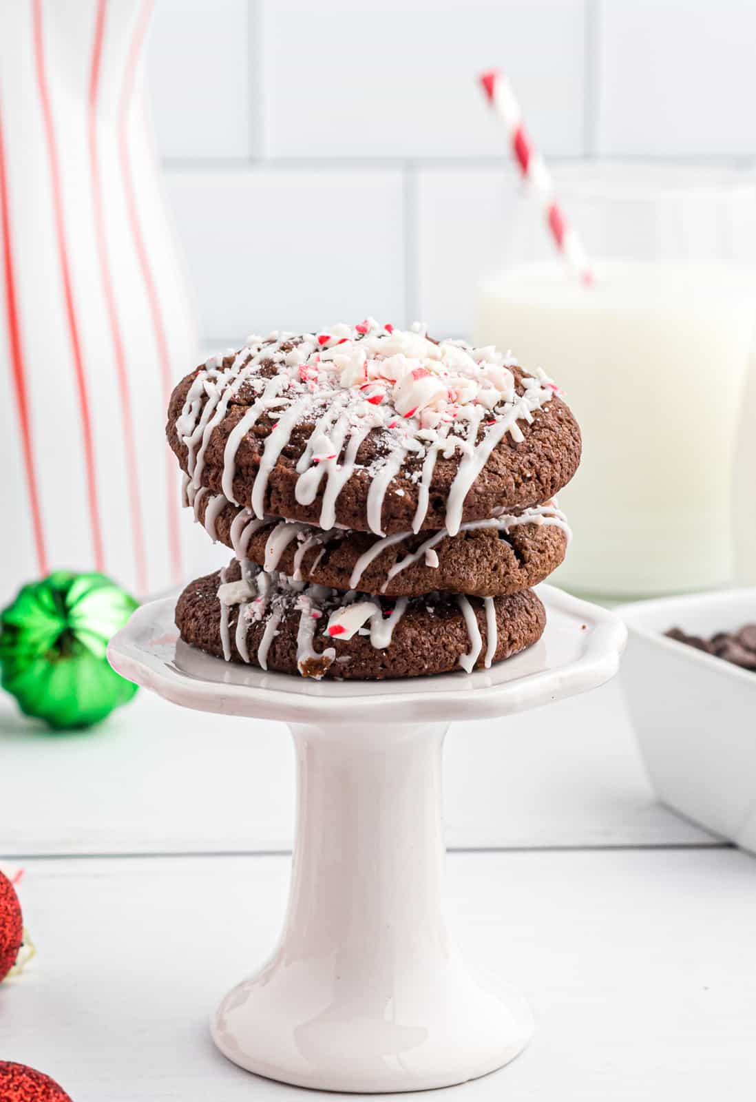 Three stacked Double Chocolate Cookies on stand