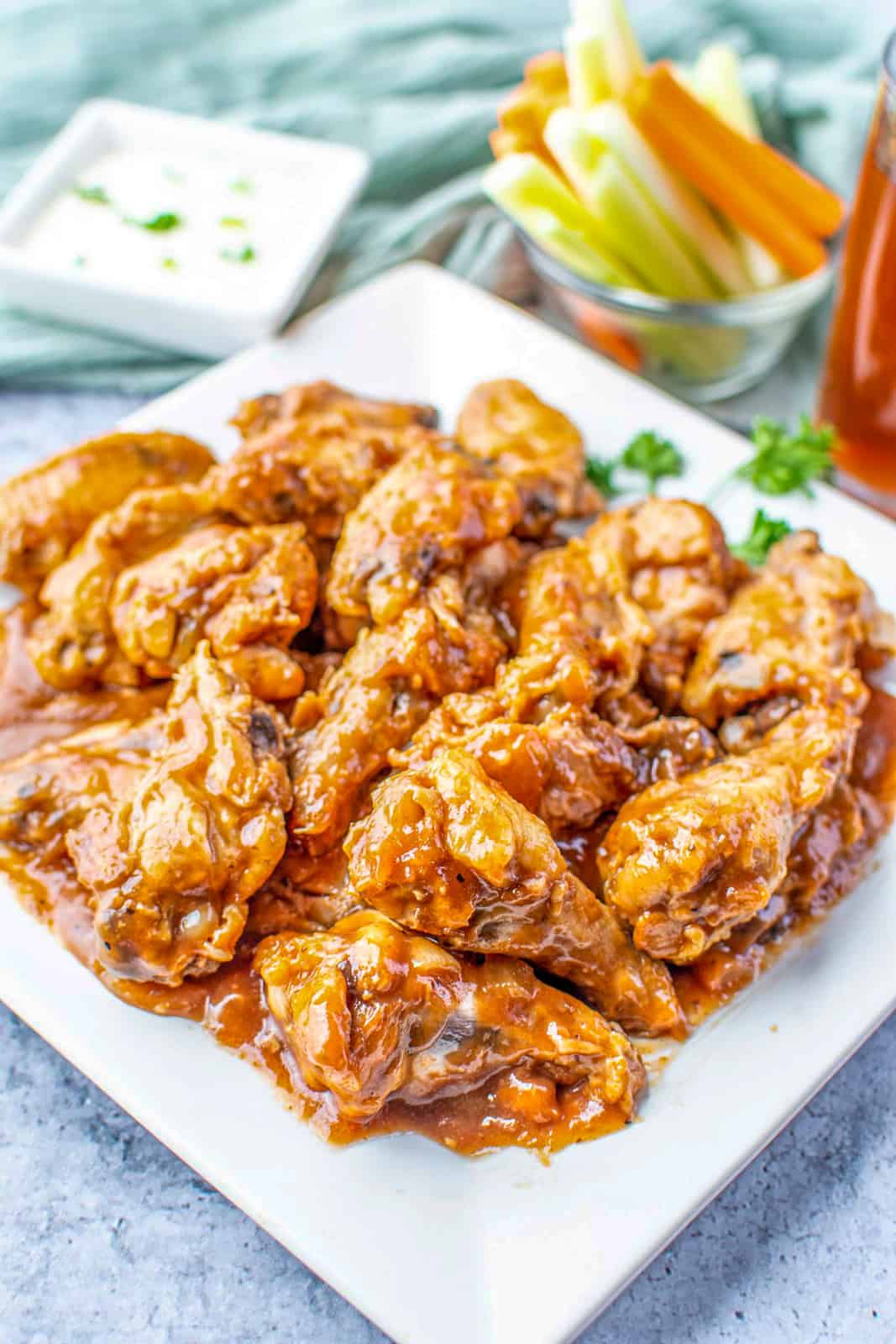 Angled photo of Slow Cooker Chicken Wings plated