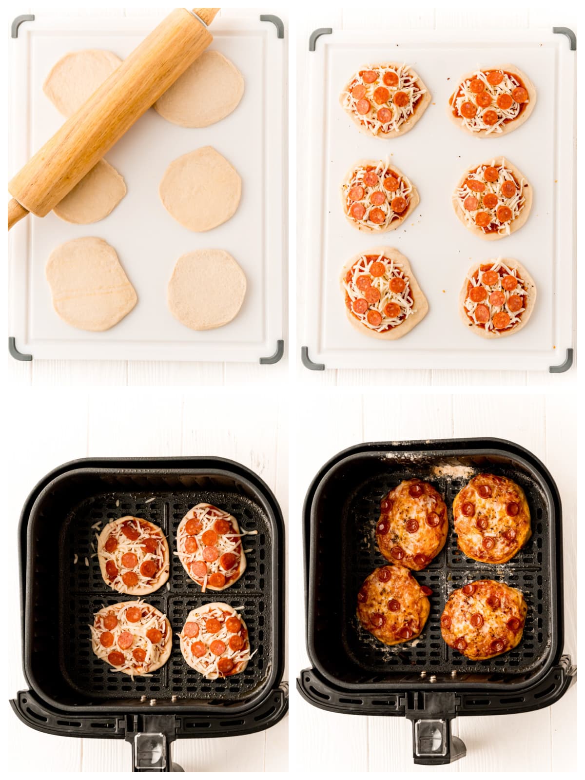 Step by step photos on how to make a Mini Air Fryer Pizza.