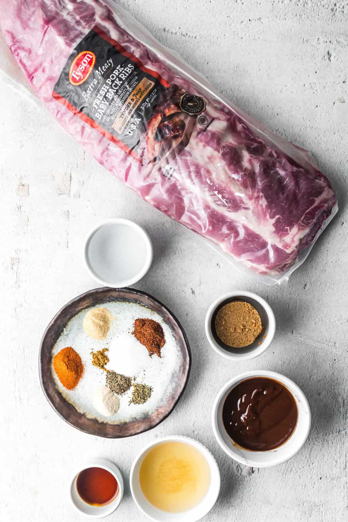 Ingredients needed to make Instant Pot BBQ Ribs.