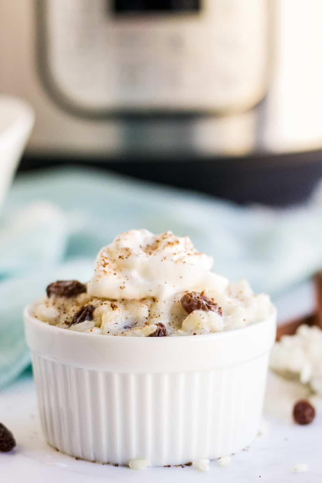 Ramekin of Rice Pudding topped with whipped cream and cinnamon