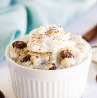 Close up of Ramekin of Instant Pot Rice pudding topped