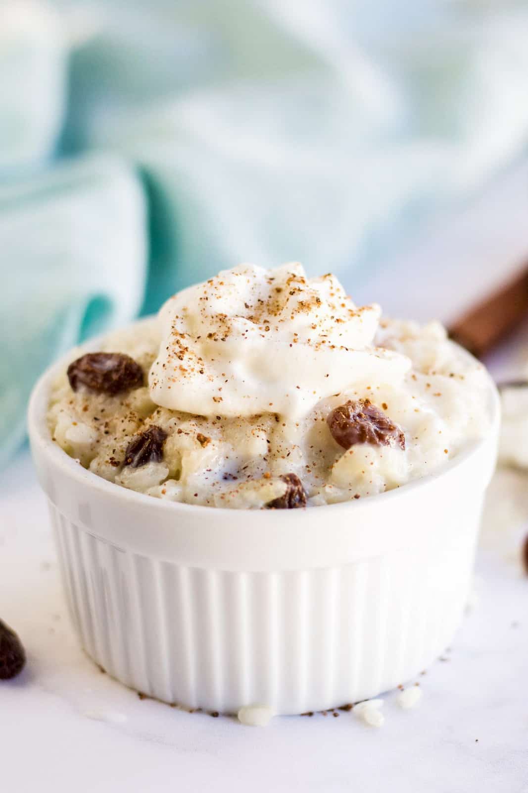 Close up of Ramekin of Instant Pot Rice pudding topped 
