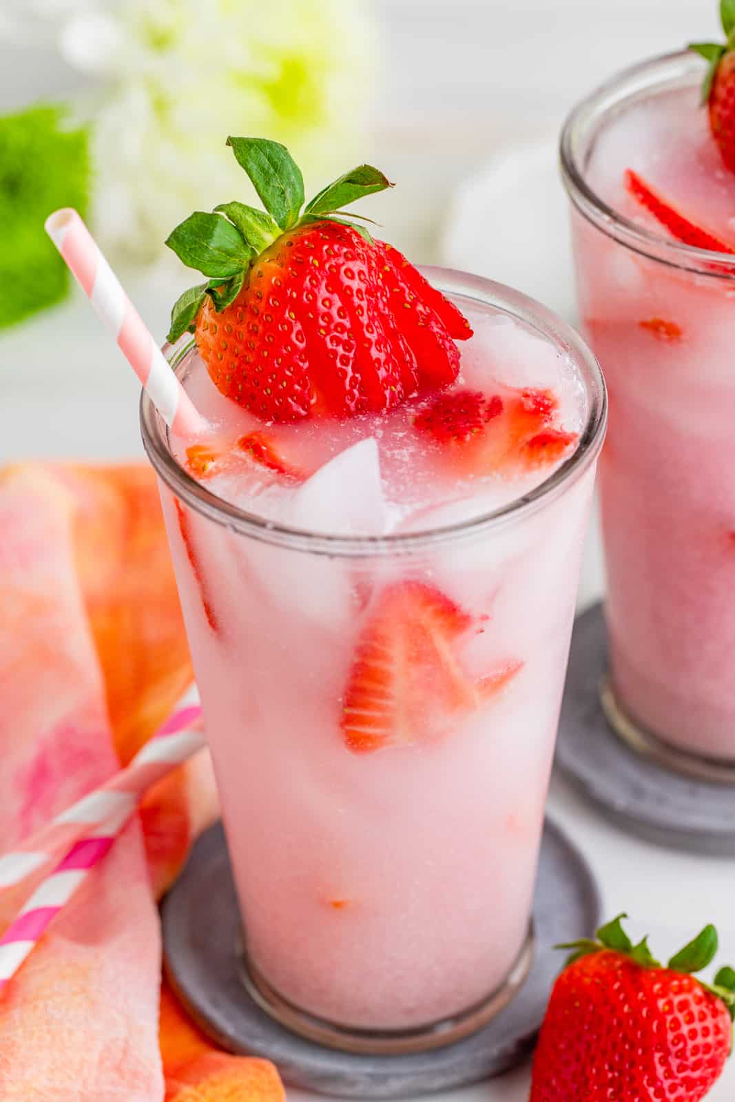 Close up of one garnished Pink Drink Recipe 