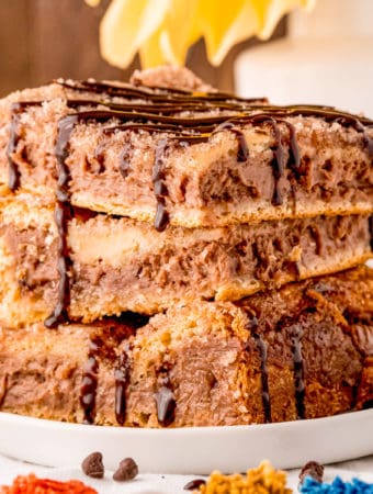 Side view of three Cheesecake Bars drizzled with chocolate syrup square image
