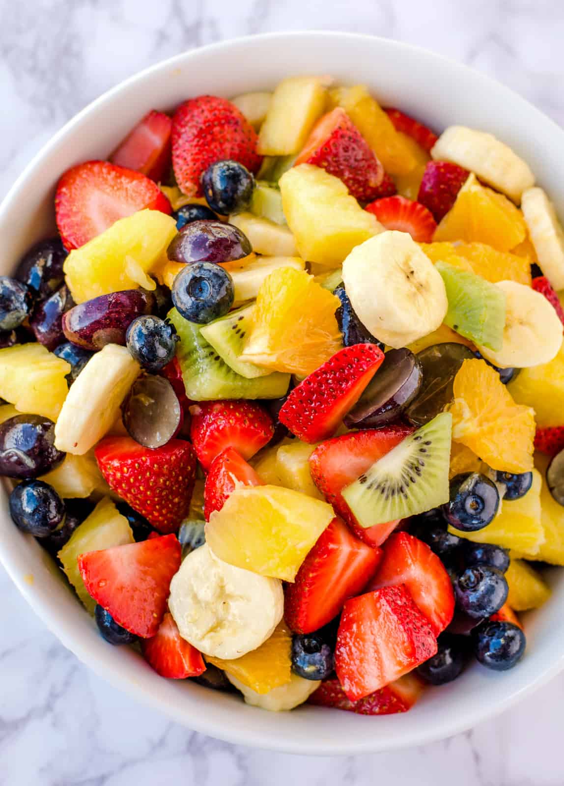 Close up overhead of bowl of Fruit Salad Recipe