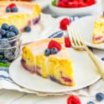 Close up square image of Ricotta Cake on white cake with berries
