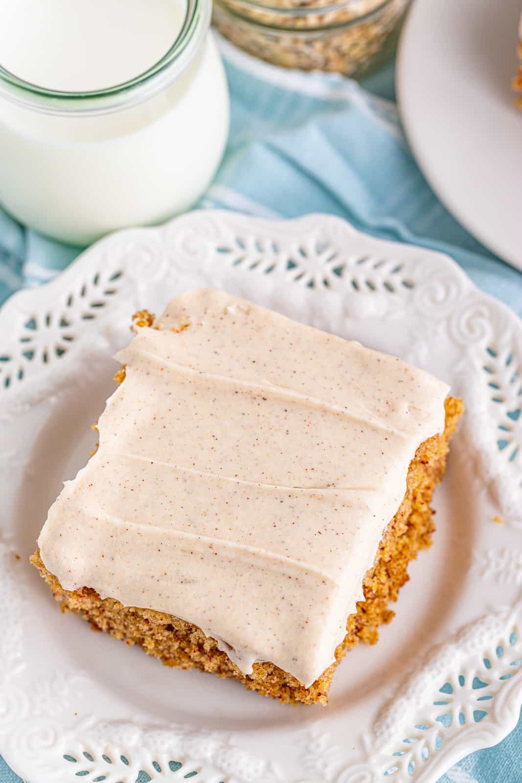 Overhead of Oatmeal Cake showing frosting
