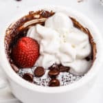 Square image close up of Brownie in a Mug showing toppings