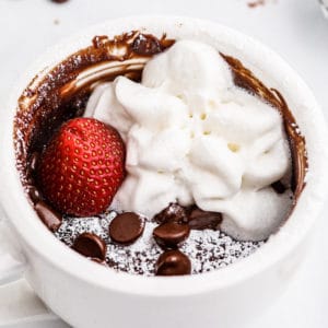 Square image close up of Brownie in a Mug showing toppings