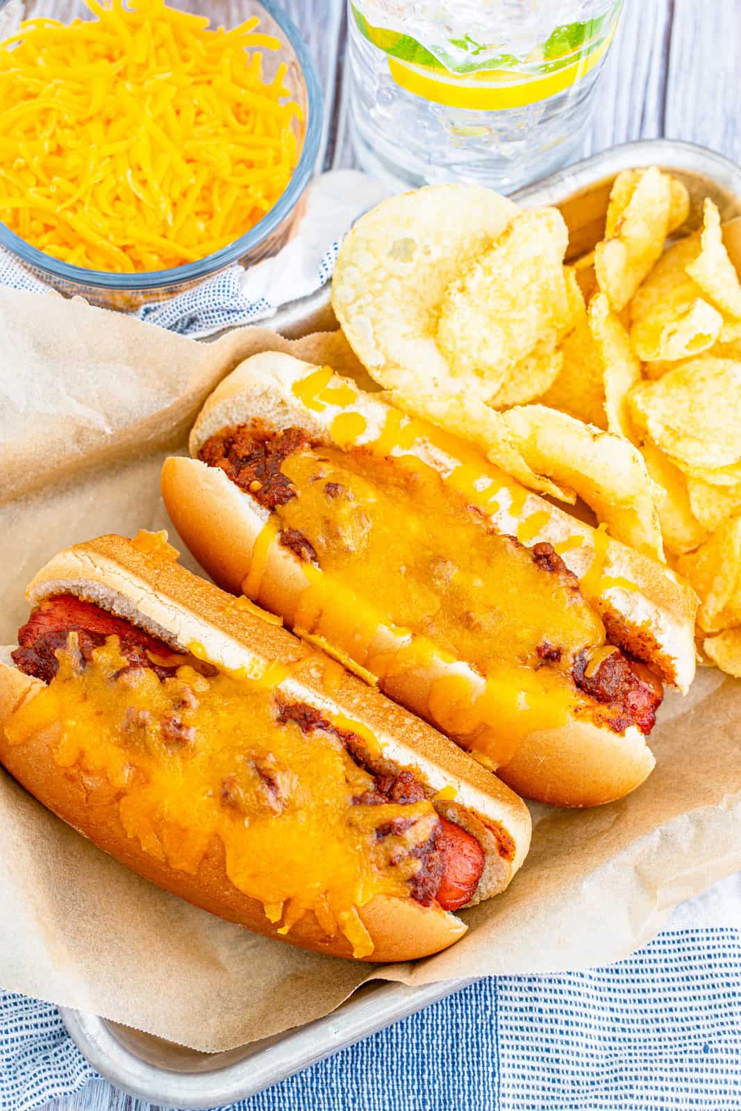 Overhead image of two Chili Dog Recipe with chips