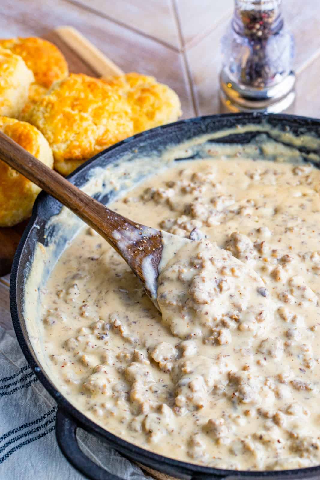 Spoon in pan with Sausage Gravy