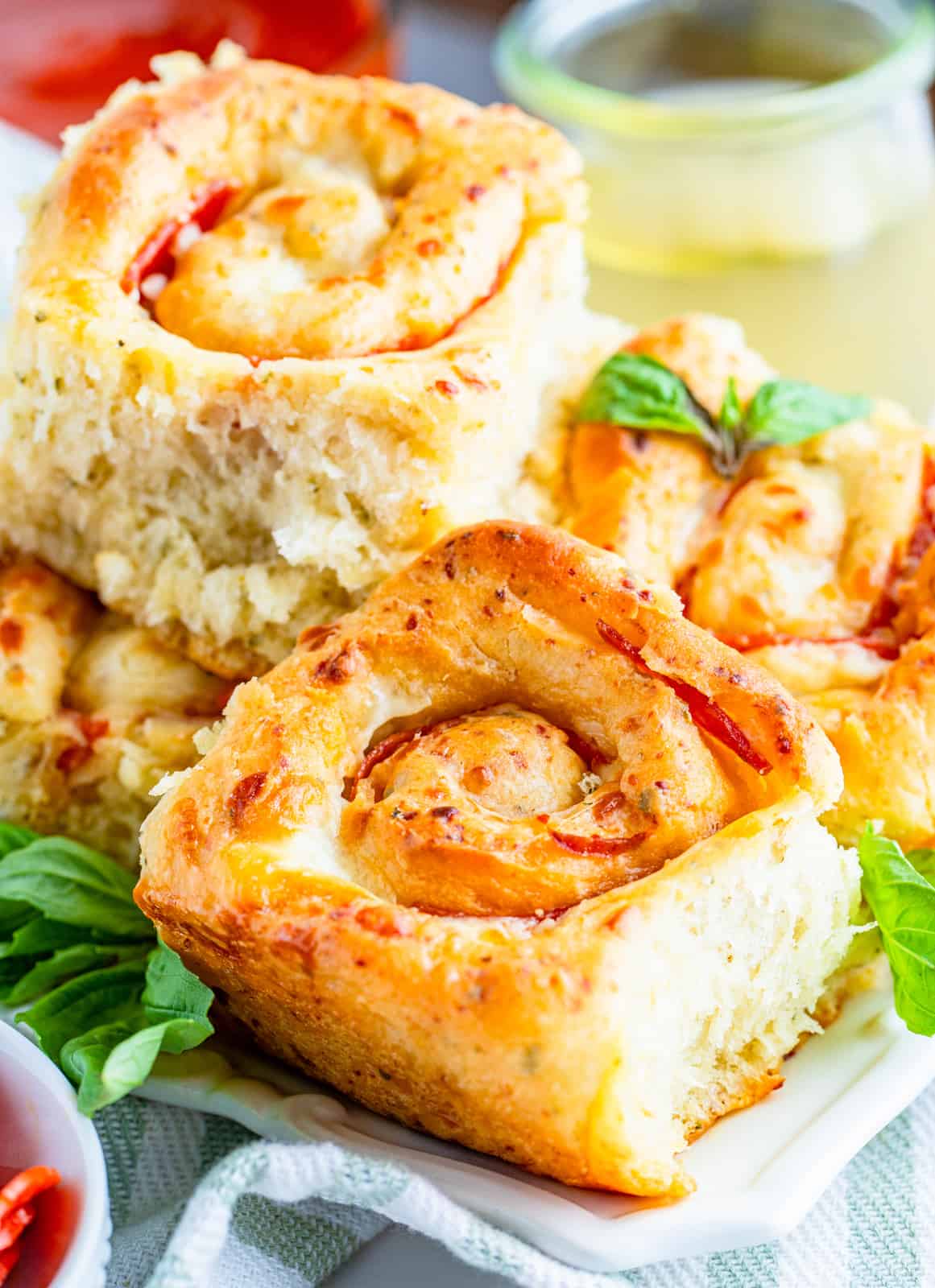 Stacked Pizza Rolls with basil