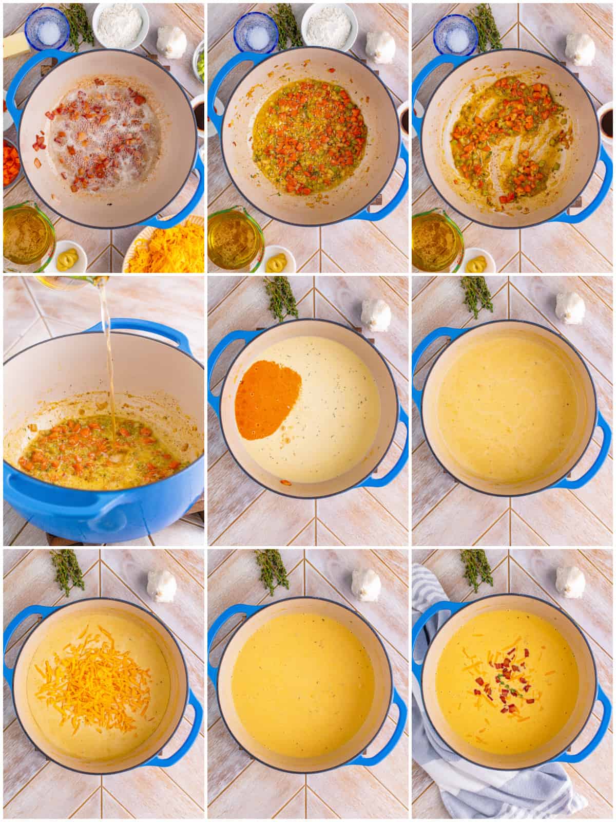 Step by step photos on how to make Beer Cheese Soup.