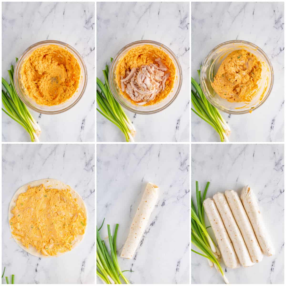Step by step photos on how to make Buffalo Chicken Pinwheels.