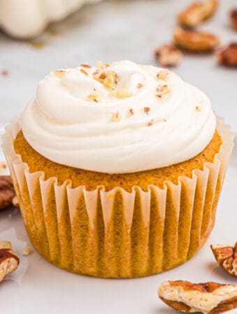 Close up square image of finished cupcake topped with cream cheese frosting and pecans.
