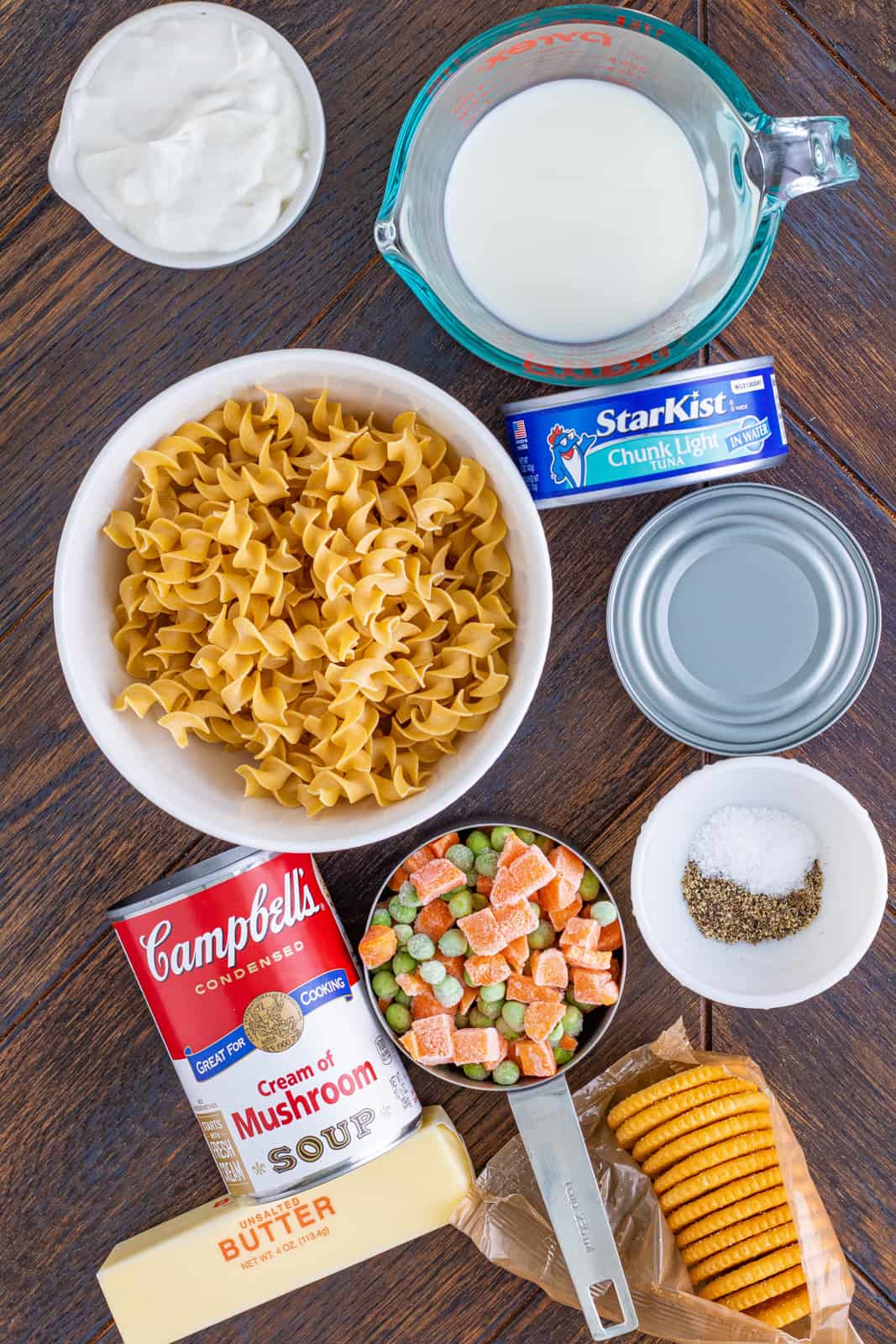 Ingredients needed to make Tuna Noodle Casserole.