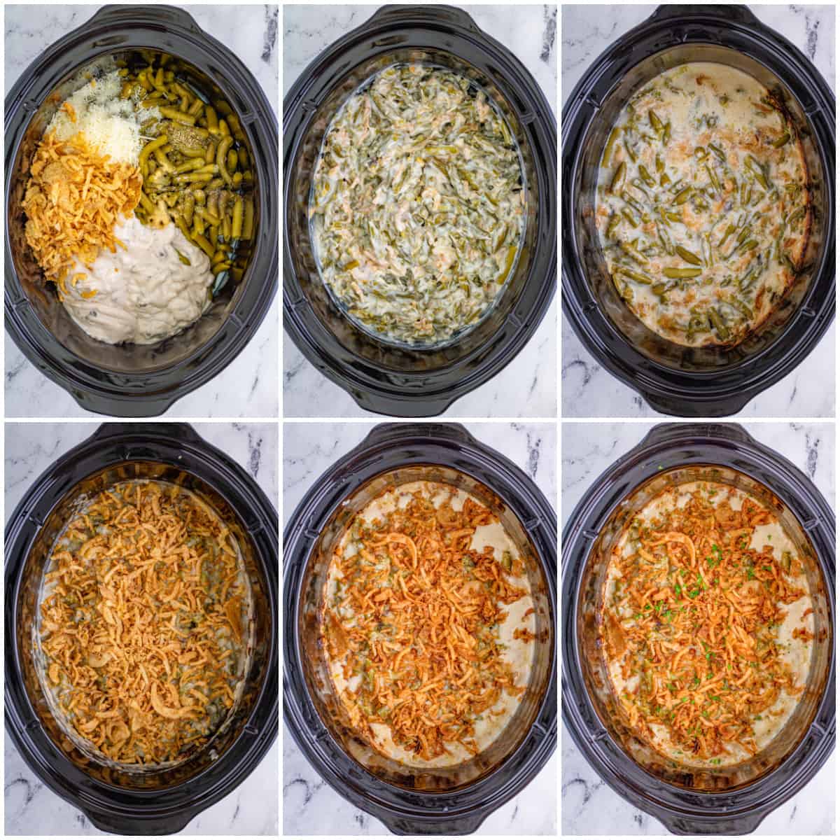 Step by step photos on how to make Slow Cooker Green Bean Casserole.