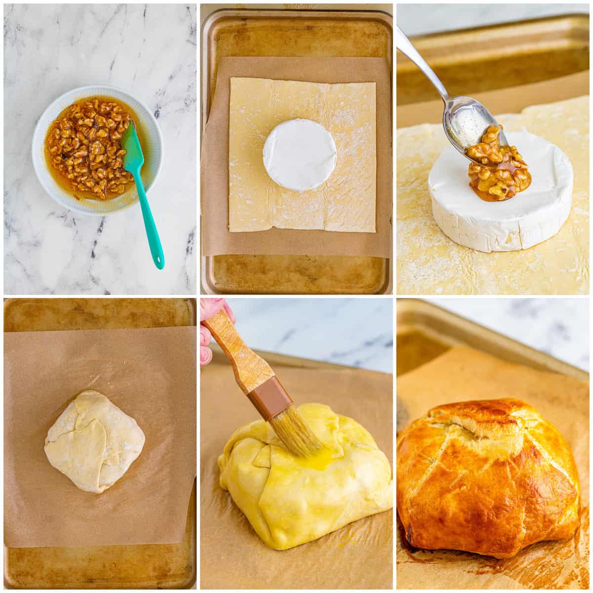 Step by step photos on how to make a Baked Brie Recipe.