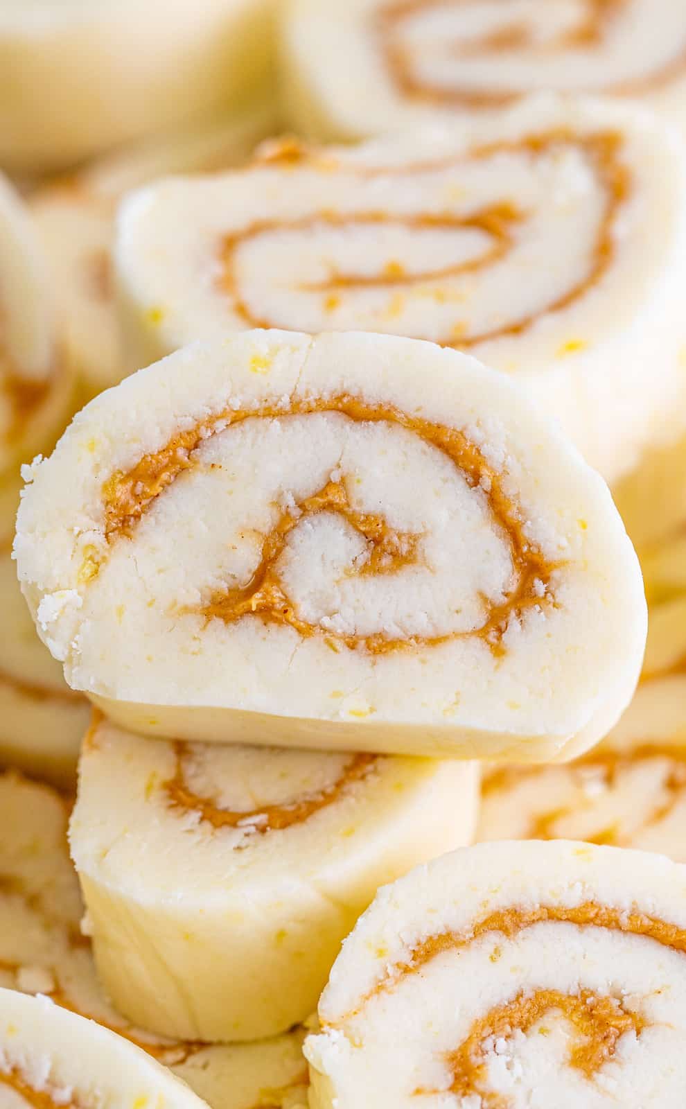 Close up of Potato Candy showing peanut butter swirled filling. 