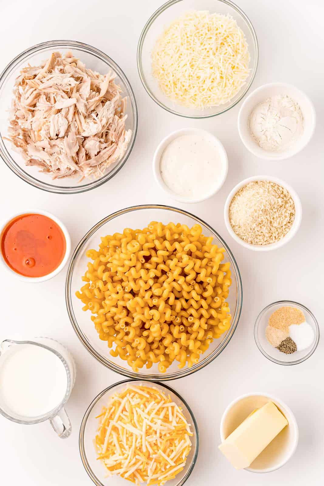 Ingredients needed to make Buffalo Chicken Mac and Cheese.