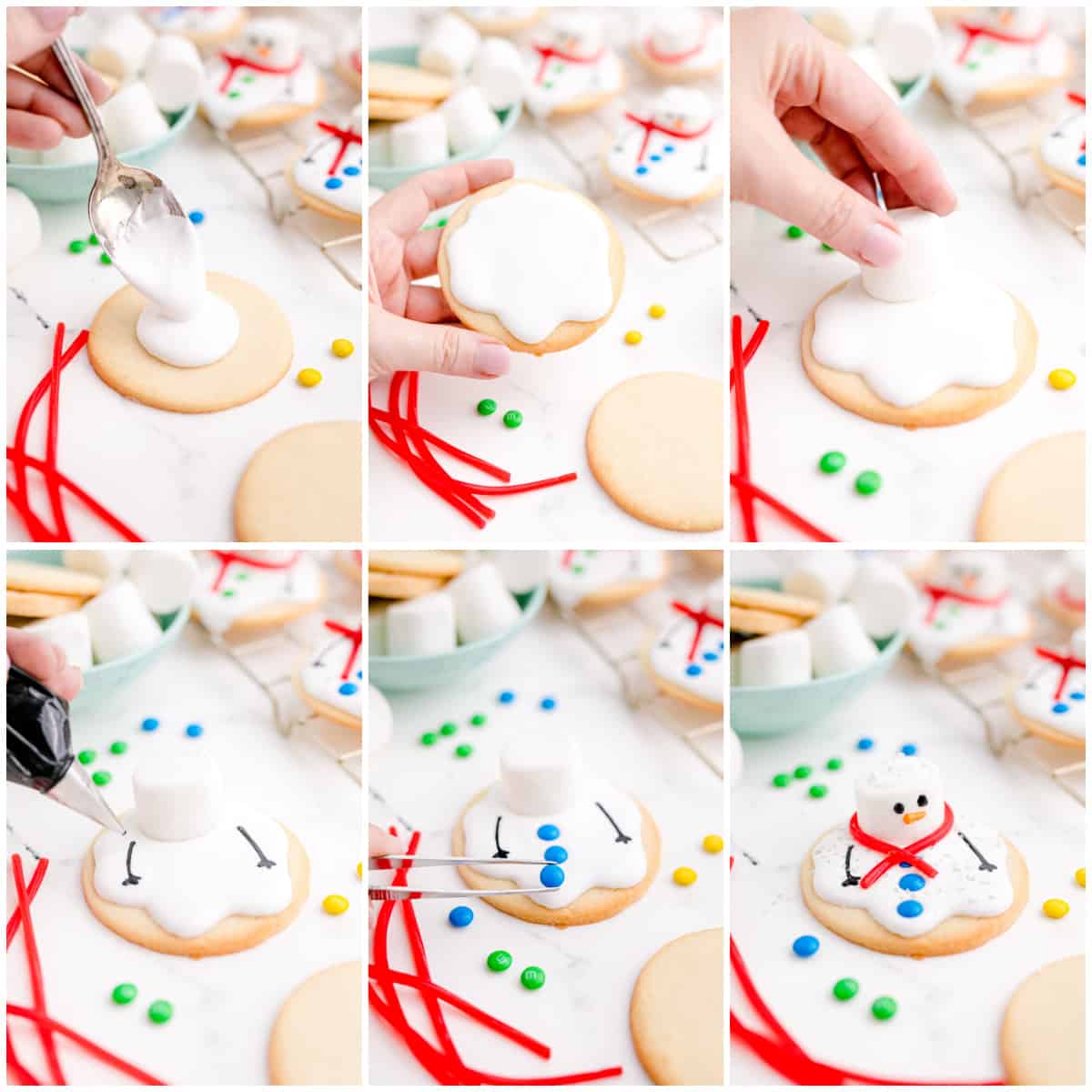 Step by step photos on how to assemble Melted Snowman Cookies.