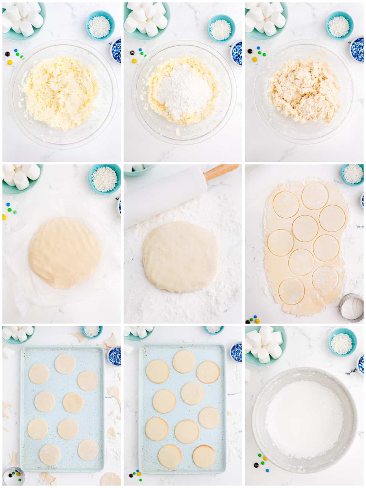 Step by step photos on how to make Melted Snowman Cookies.