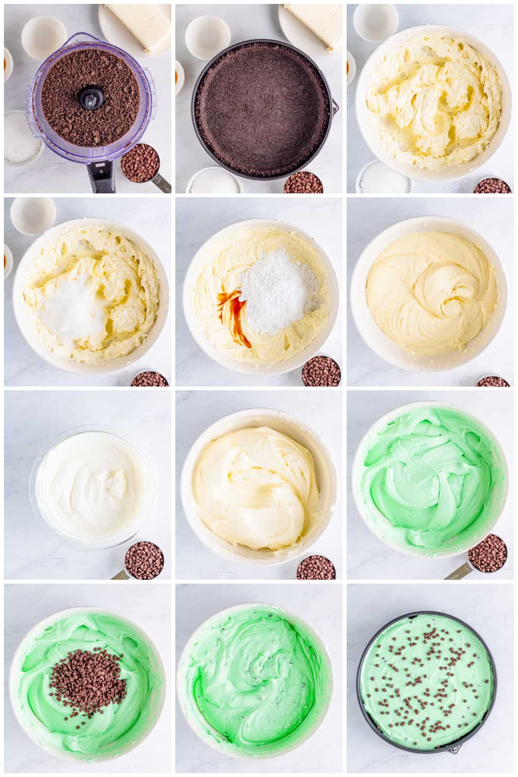 Step by step photos on how to make Mint Chocolate Cheesecake.