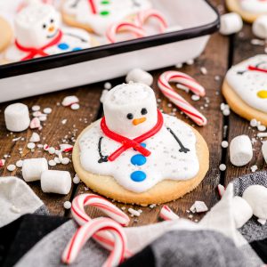 Square image of one cookie decorated with marshmallows and candy canes around it.