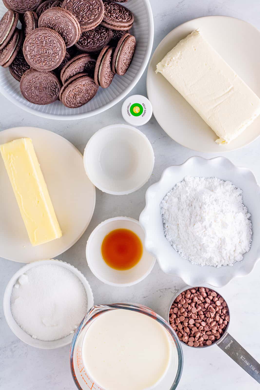 Ingredients needed to make a No Bake Mint Chocolate Cheesecake.