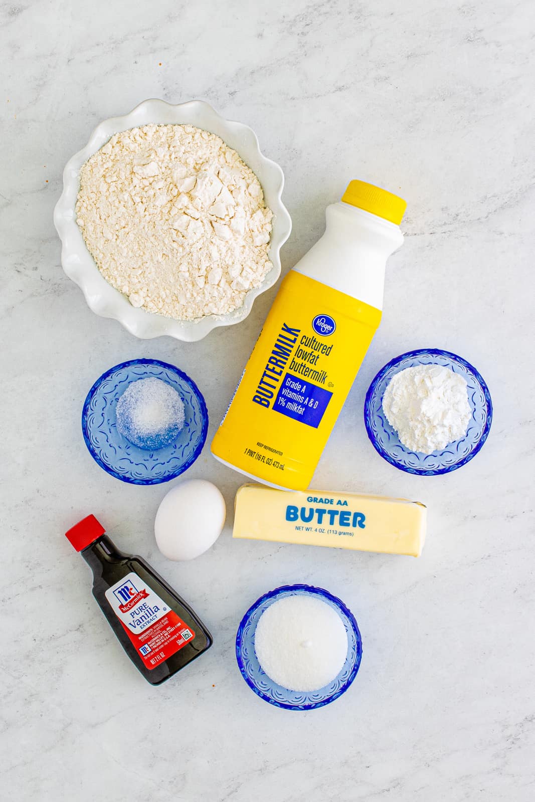 Ingredients needed to make a Buttermilk Pancake Recipe.