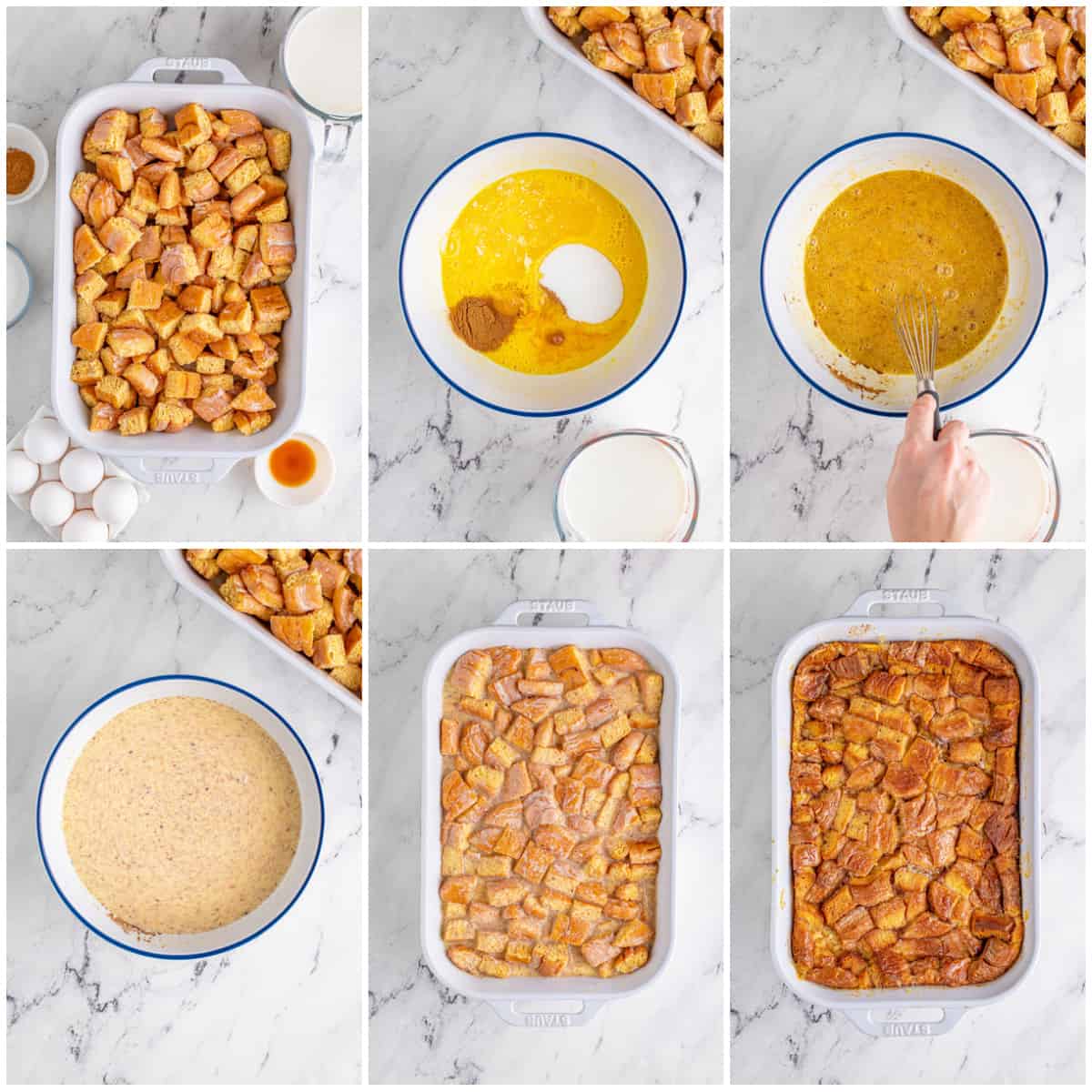 Step by step photos on how to make Honey Bun Bread Pudding.